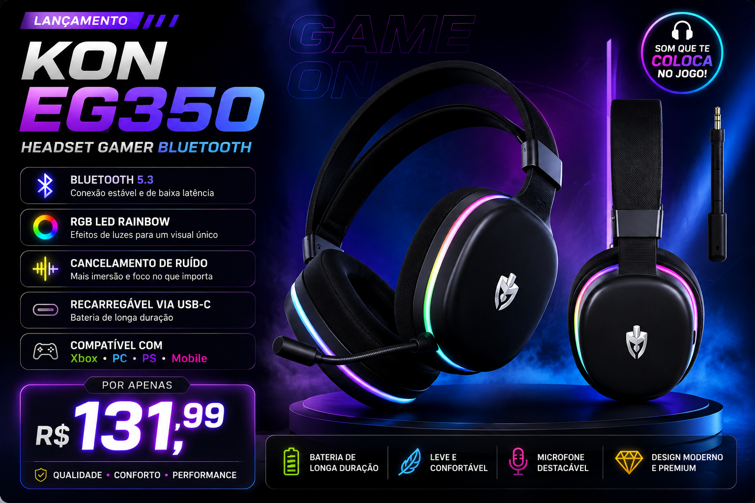 Headset Gamer Bluetooth por R$131,99 Kon EG350 Vale a Pena para Xbox e PC?