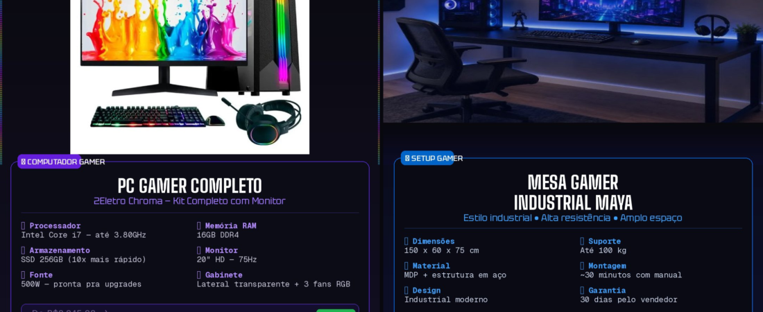 Computador Gamer Completo 2Eletro + 🖥️ Mesa Gamer Industrial Maya — 150cm, Resistente e Estilosa