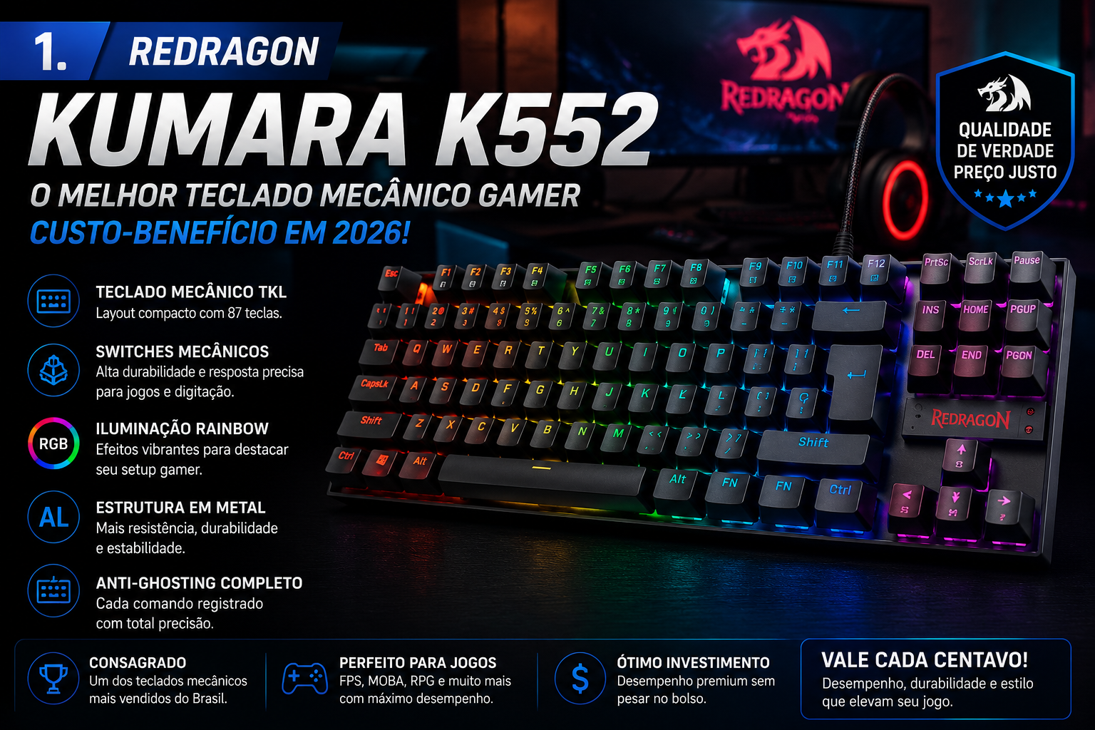 Redragon Kumara K552: O Melhor Teclado Mecânico Gamer Custo-Benefício em 2026?